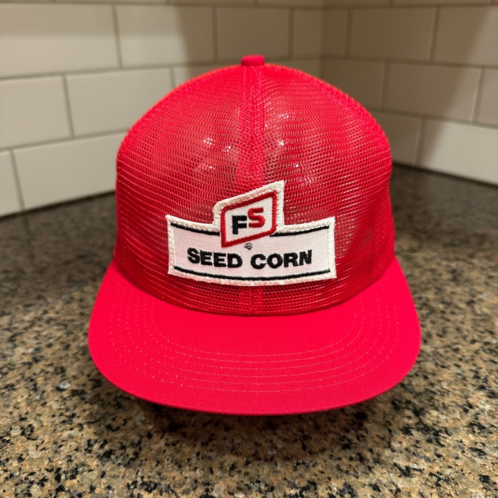 Vtg FS Seed Corn K-Products Trucker Hat Snapback Red Full Mesh Cap
